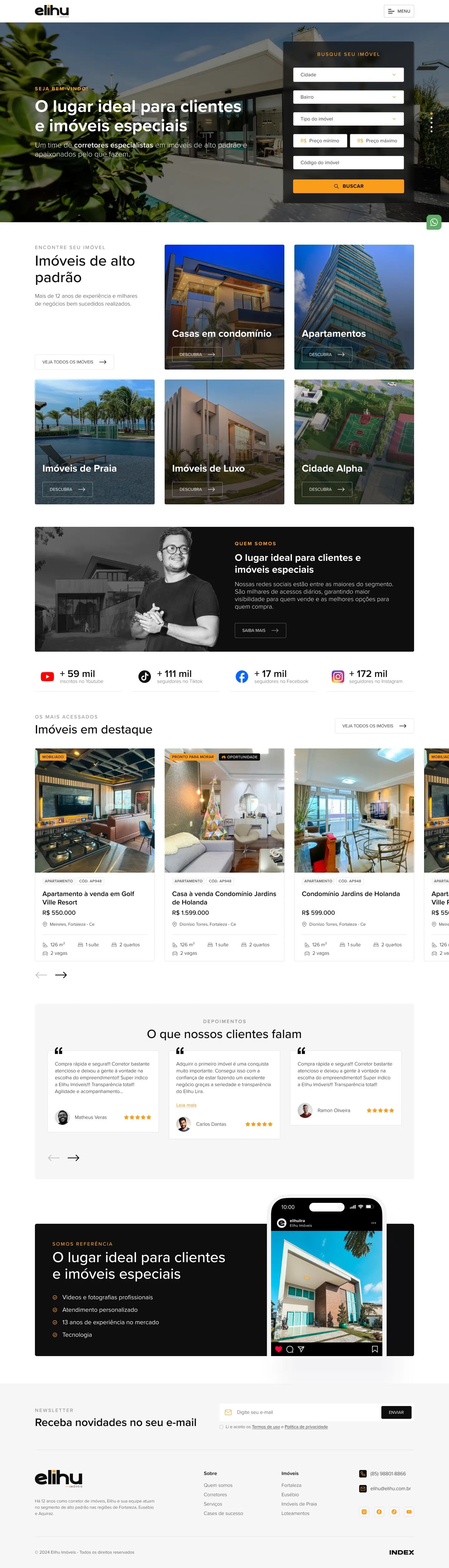 Interface do site da Elihu Imóveis